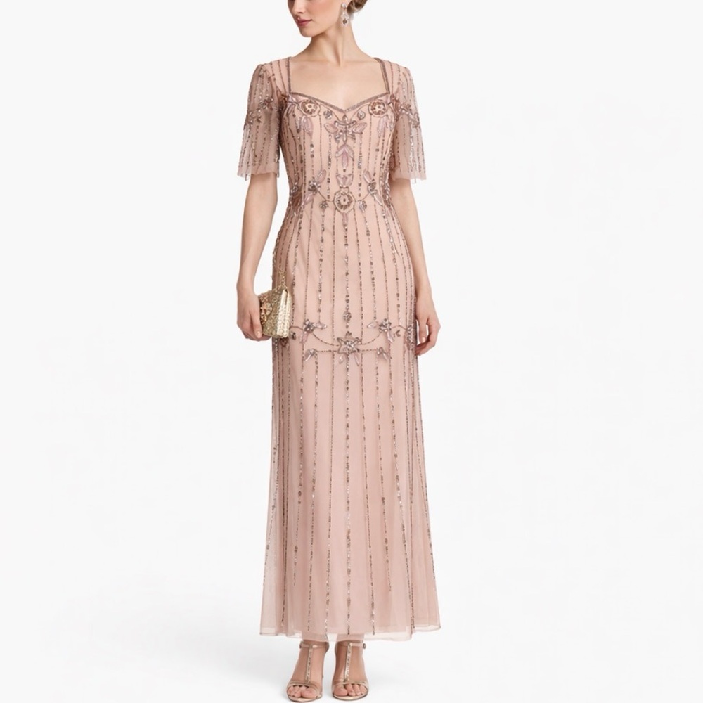 PAPELL STUDIO Beaded Sequin Art Deco Gatsby Gown Blush Maxi Dress Formal Event 4